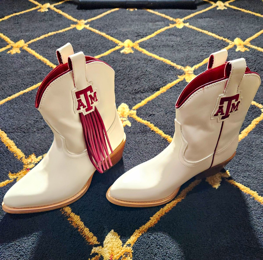 Vaccari Texas A&M Women's 8.5 White Leather Cowboy Boots Maroon Fringe NWOB
